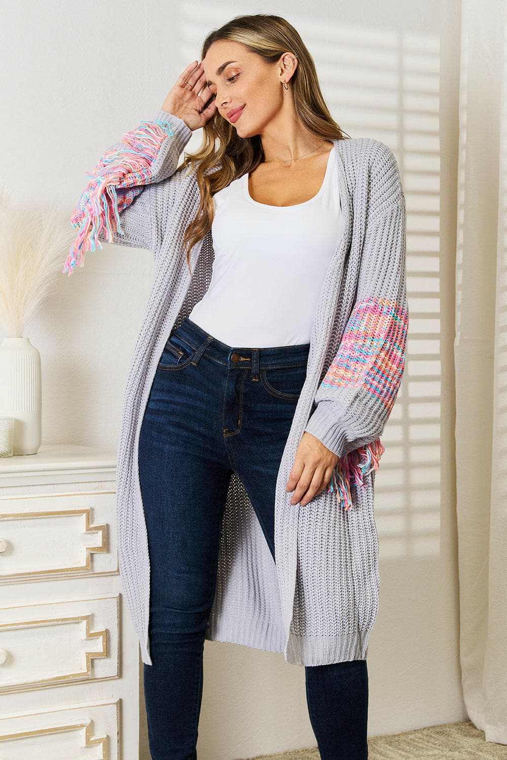Woven Right fringe sleeve cardigan - Love Salve